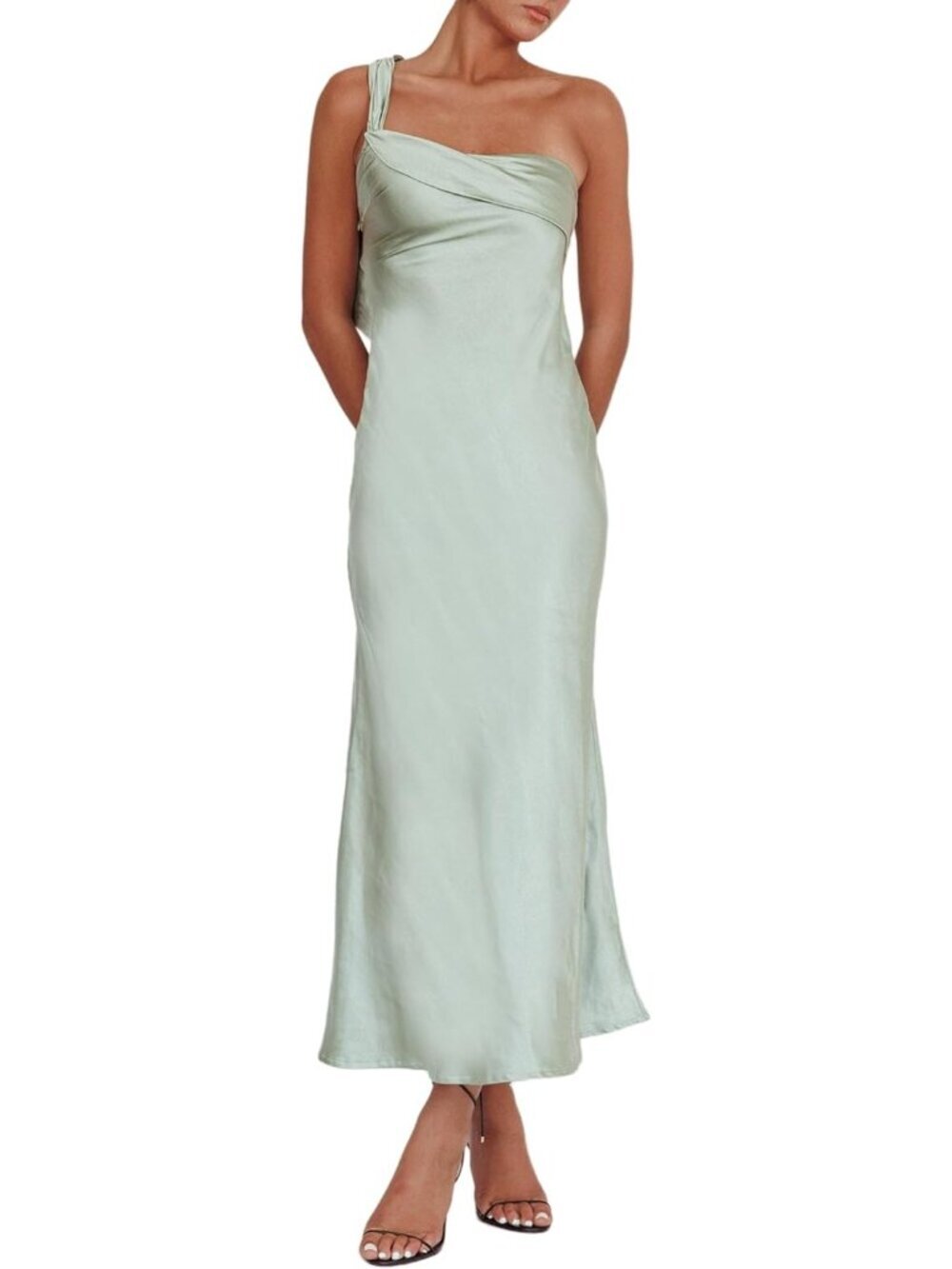 Women's Sage Summer Silk Formal Elegant Sleeveless One Shoulder Maxi Dress